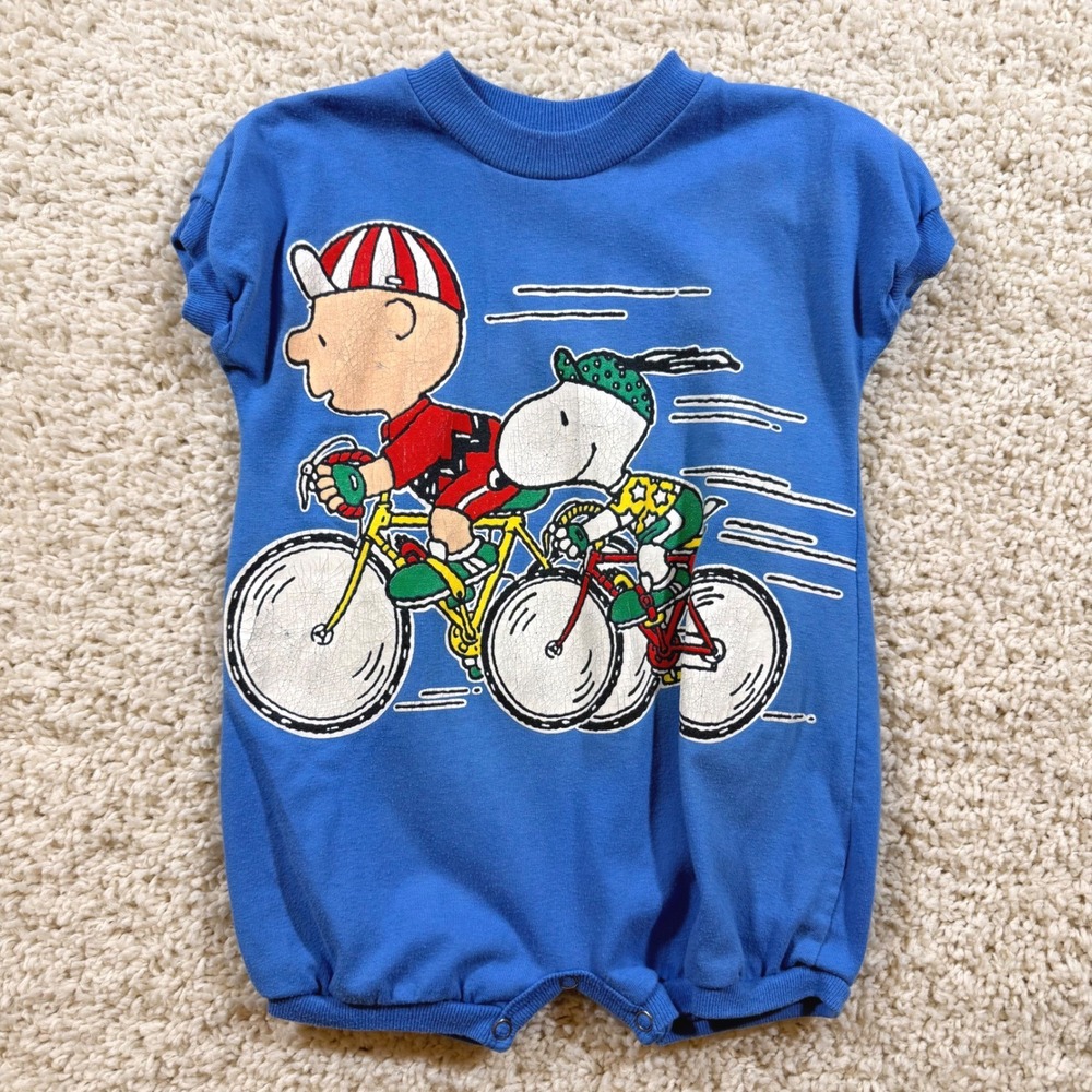 Vintage Peanuts Charlie Brown Snoopy Bicycle Romper 18 M Made in USA 90s Rare